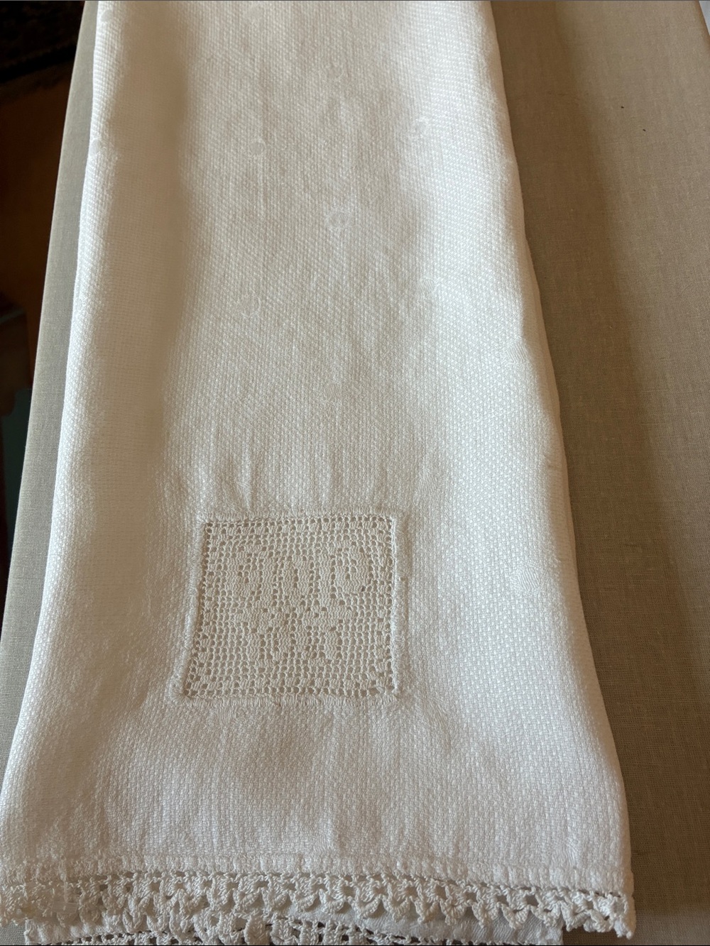 White Linen Towel with Crochet Edge and initial